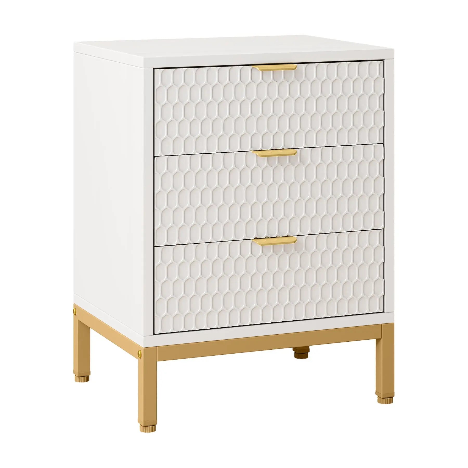 3 Drawer Nightstand With Hexagon Pattern, Storage Table For Living - White Home Essentials