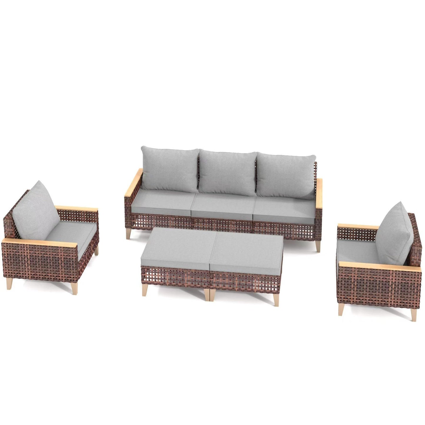 5 Piece Rattan Terrace Furniture Set, 7 Seats Cushions, High Footed Design Home Essentials