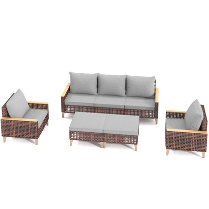 5 Piece Rattan Terrace Furniture Set, 7 Seats Cushions, High Footed Design Home Essentials
