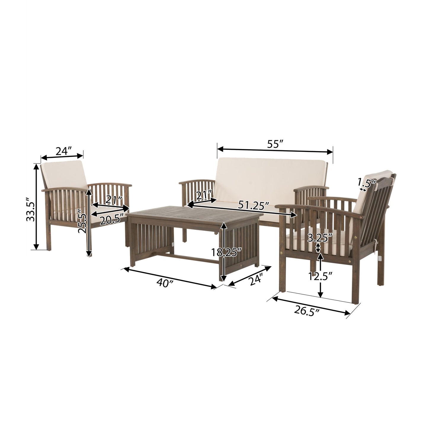 4 Piece Outdoor Chat Set With Water Resistant Cushion And Wood Frame - Cream / Gray Noble House