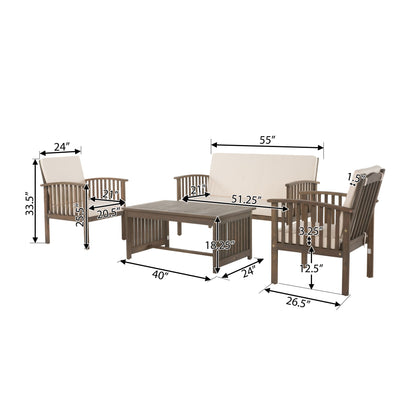 4 Piece Outdoor Chat Set With Water Resistant Cushion And Wood Frame - Cream / Gray Noble House