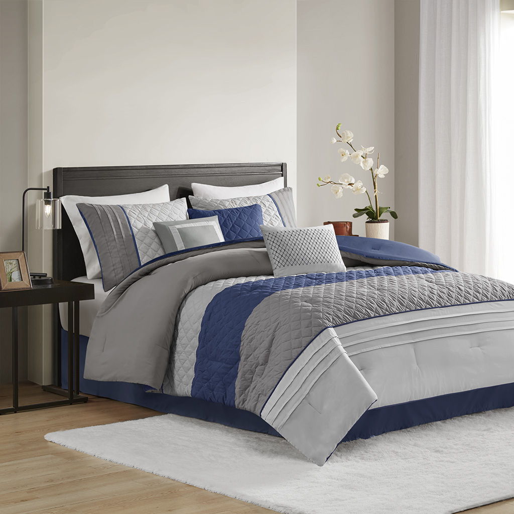 Jenson - 7 Piece Color Block Stripe Comforter Set With Throw Pillows - Blue/Gray