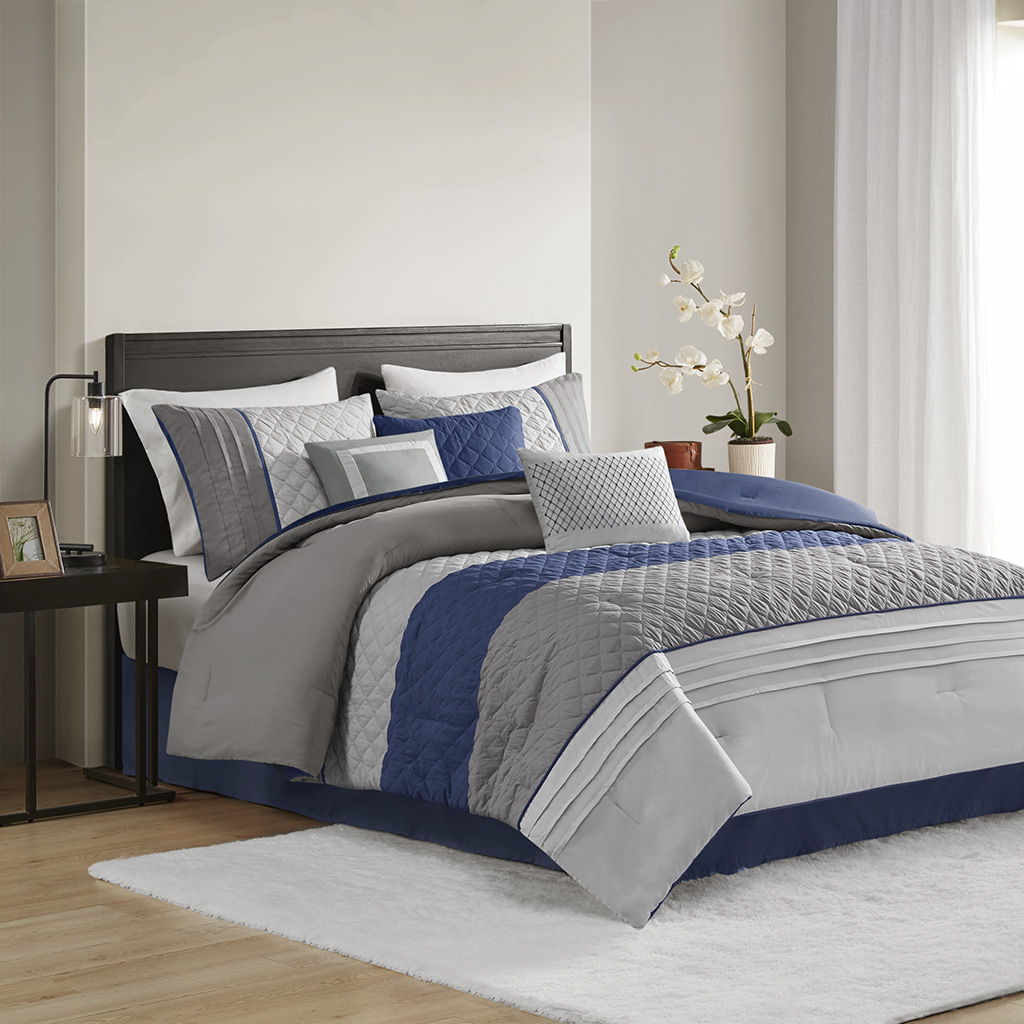 Jenson - 7 Piece Color Block Stripe Comforter Set With Throw Pillows - Blue/Gray Madison Park