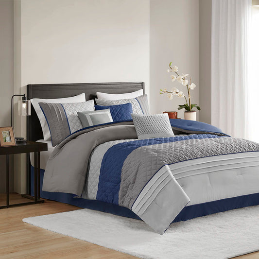 Jenson - 7 Piece Color Block Stripe Comforter Set With Throw Pillows - Blue/Gray Madison Park
