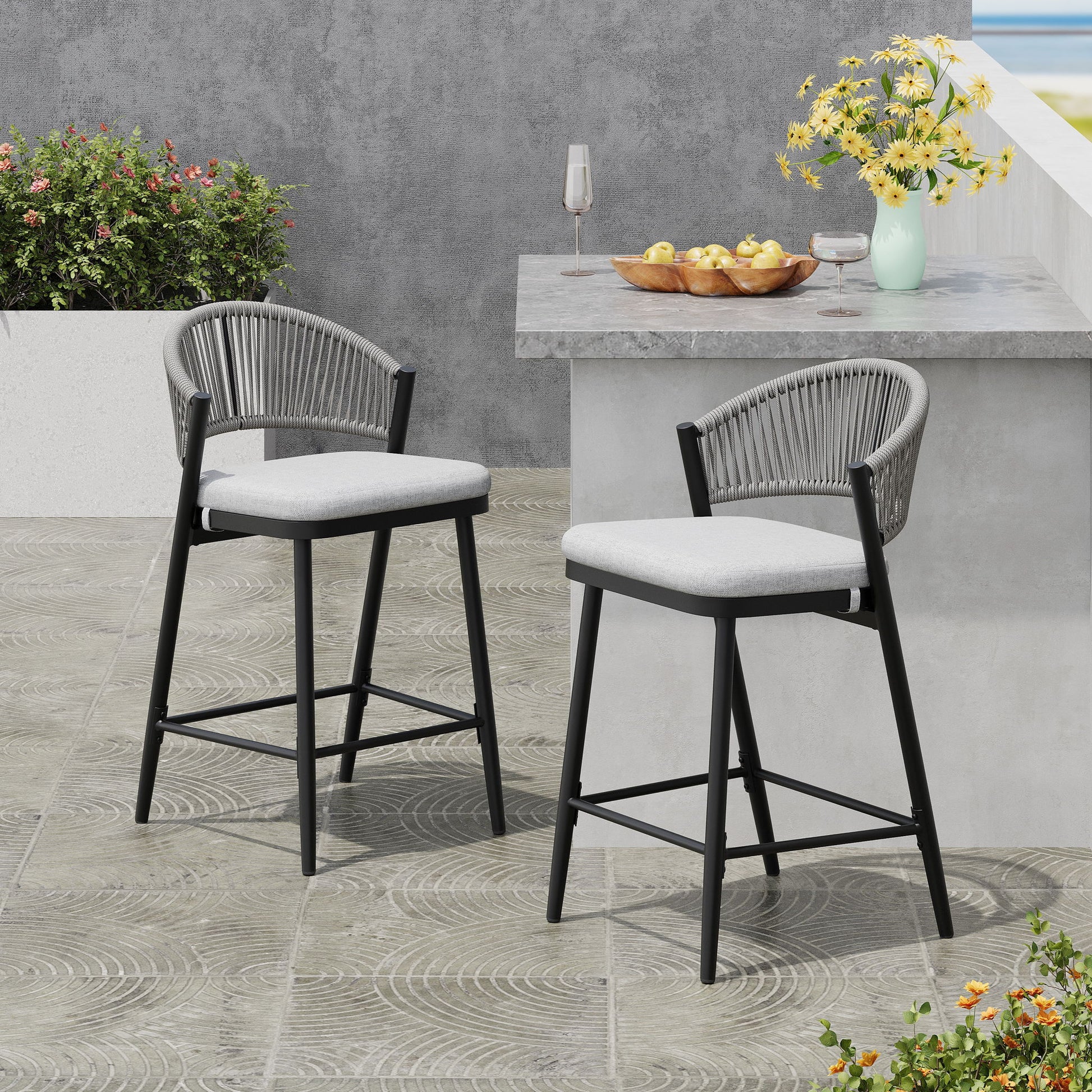 Outdoor 26" Counter Height Metal Frame Counter Stools With Scallop Shaped Backrest & Water Resistant Cushions Noble House