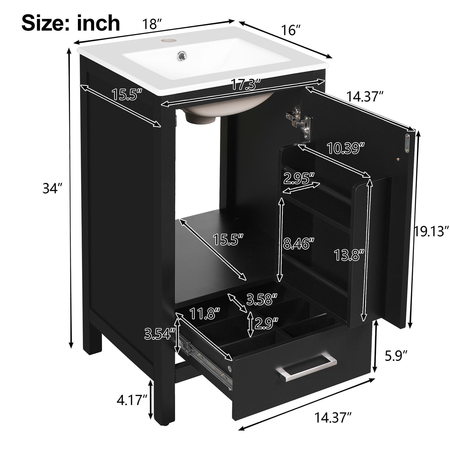 Bathroom Vanity With Ceramic Sink, Soft Close Drawers, Door Organizer, Divider Drawer, Adjustable Foot Pads Hearth and Haven