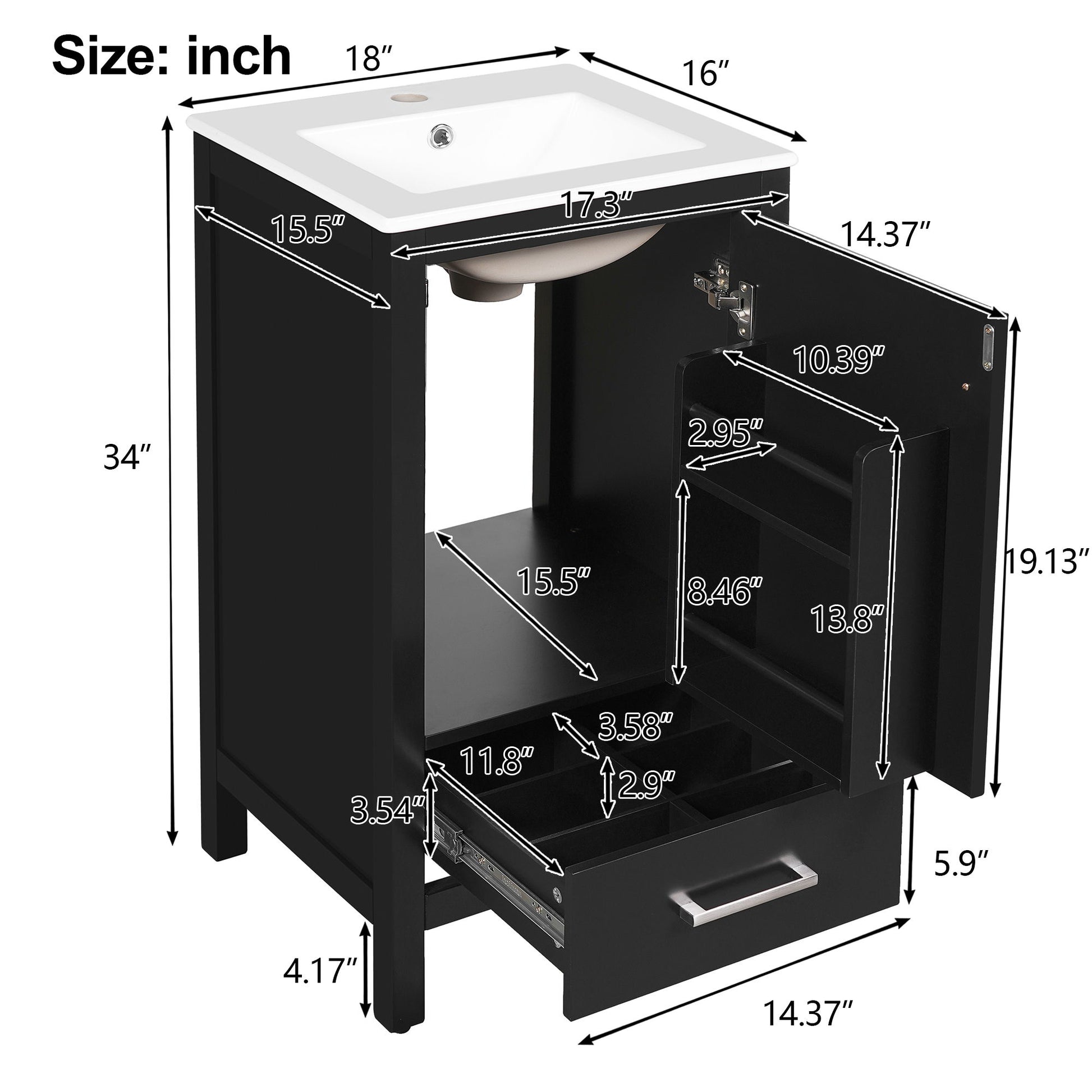 Bathroom Vanity With Ceramic Sink, Soft Close Drawers, Door Organizer, Divider Drawer, Adjustable Foot Pads Hearth and Haven