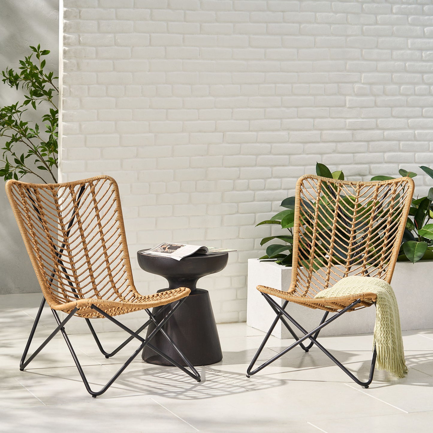 Wicker Chair With Geometric Cross Base, (Set of 2) - Light Brown Noble House