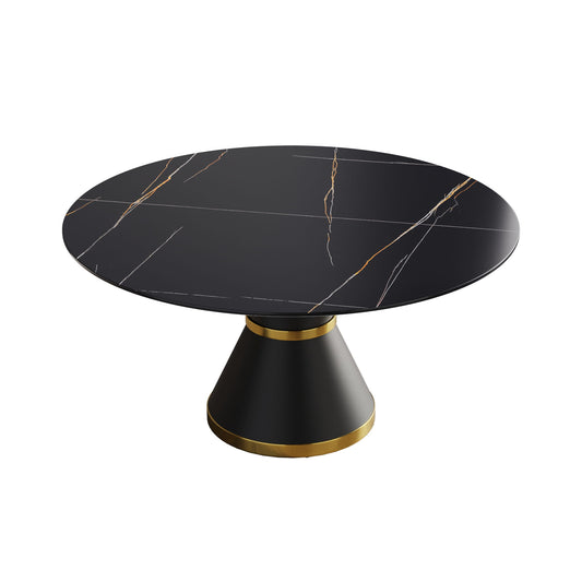 59.05" Modern Artificial Stone Round Black Carbon Steel Base Dining Table, Can Accommodate 6 People - Black Home Essentials
