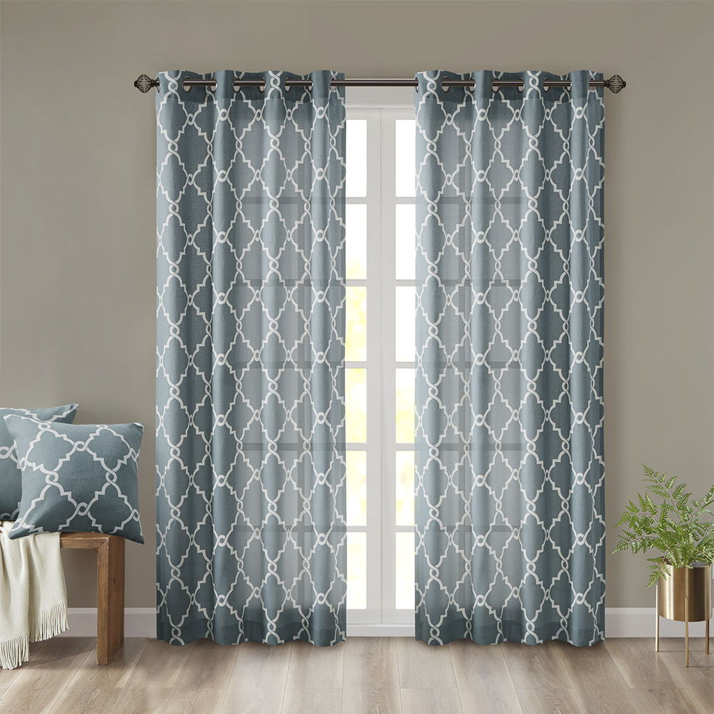 Saratoga - 108" Fretwork Print Grommet Top Window Curtain - Blue