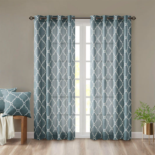 Saratoga - 108" Fretwork Print Grommet Top Window Curtain - Blue