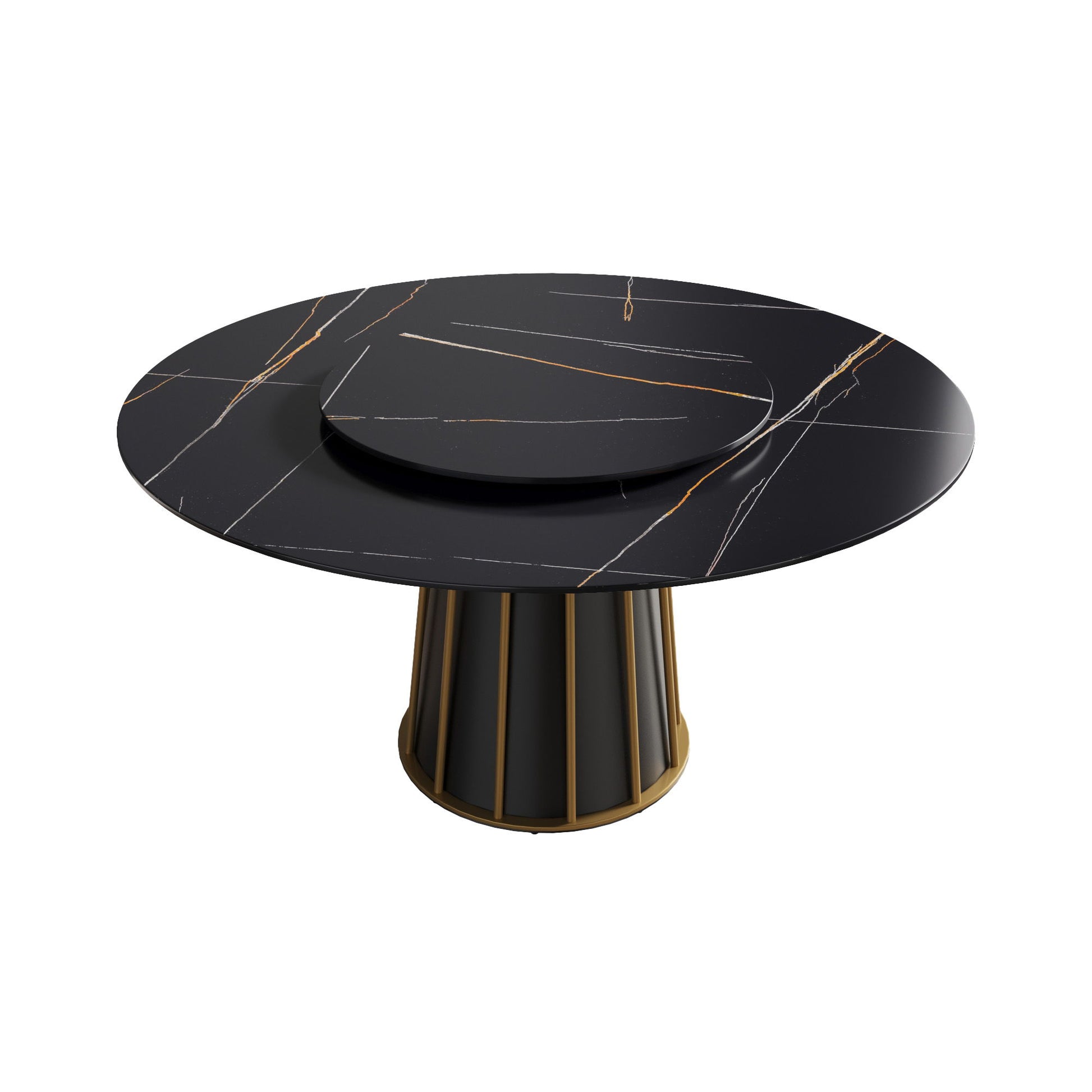 Modern Artificial Stone Round Metal Iron Base Dining Table, Can Accommodate 8 People Artificial Stone Turntable (Not Including Chairs) - Black Home Essentials