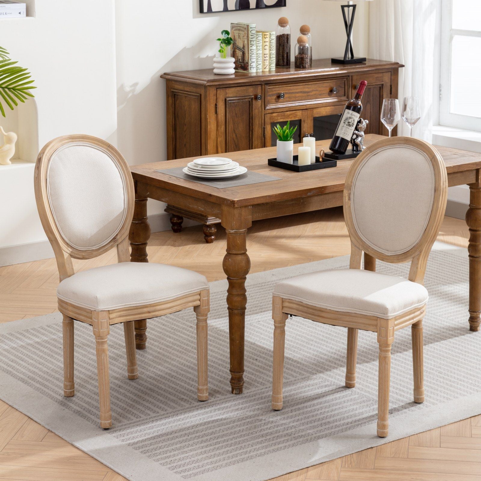 French Style Solid Wood Frame Antique Painting Linen Fabric Back Dining Chair (Set of 2) Home Essentials