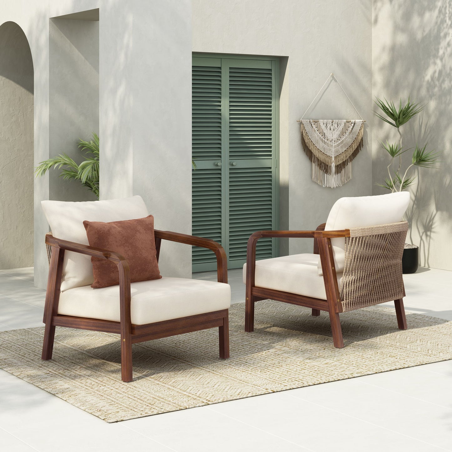 Outdoor Lounge Chair With Woven Backrest, Solid Wood Frame, Comfortable Cushions Noble House