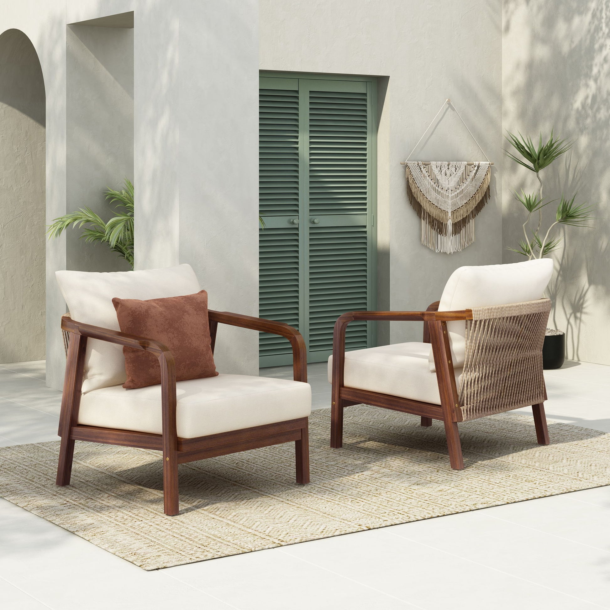 Outdoor Lounge Chair With Woven Backrest, Solid Wood Frame, Comfortable Cushions Noble House