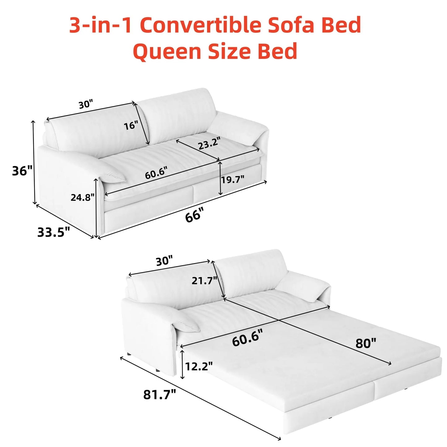 Pull Out 3 In 1 Convertible Sleeper Sofa With Side Storage, Multi Functional Home Essentials