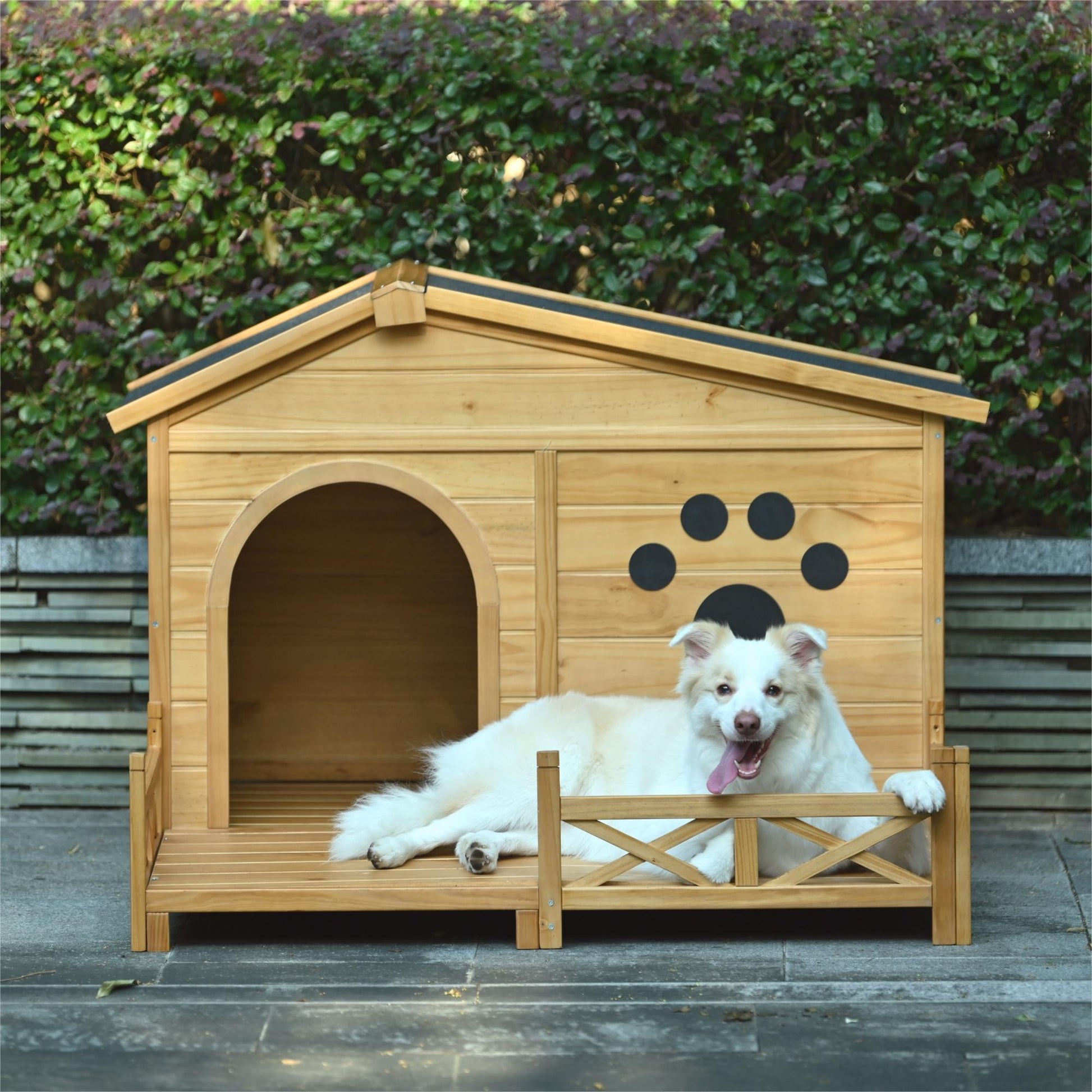 Wooden Dog House Outdoor With Porch, Dog Kennel With Water Resistant Asphalt Roof And Fencing, Indoor & Outdoor Dog Crate With Paw Print, Medium - Nature Daily Nest