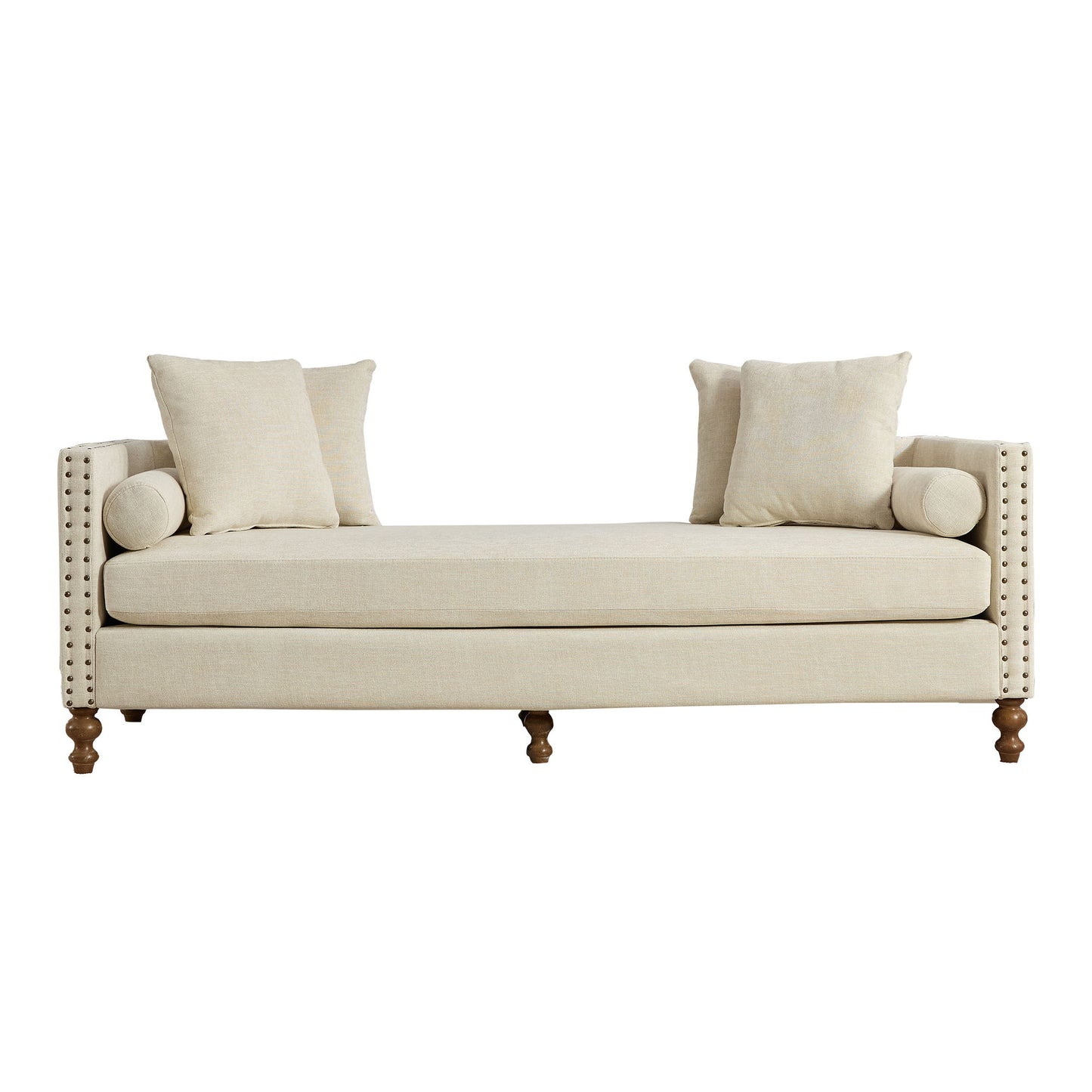 Upholstered Chaise Lounge Indoor With Nailheads, Sleeper Sofa Couch With 4 Throw Pillows & 2 Bolsters, Daybed With Rubberwood Legs
