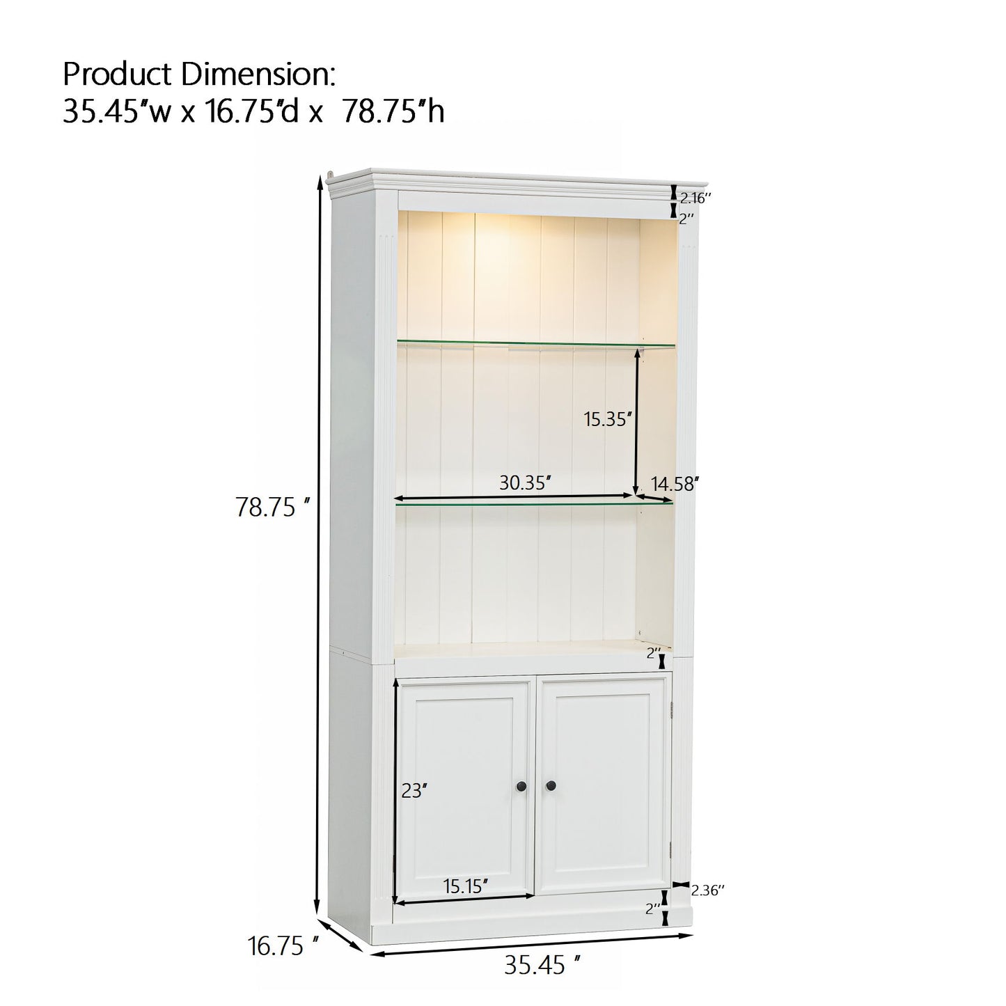 Retro Style Display Bookcase With Adjustable LED Ceiling Light And Tempered Glass Shelves - White Hearth and Haven