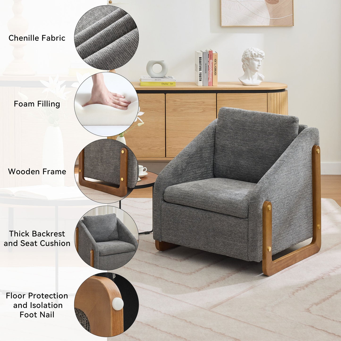 Modern Upholstered Armchair With Wooden Side Frame Home Essentials