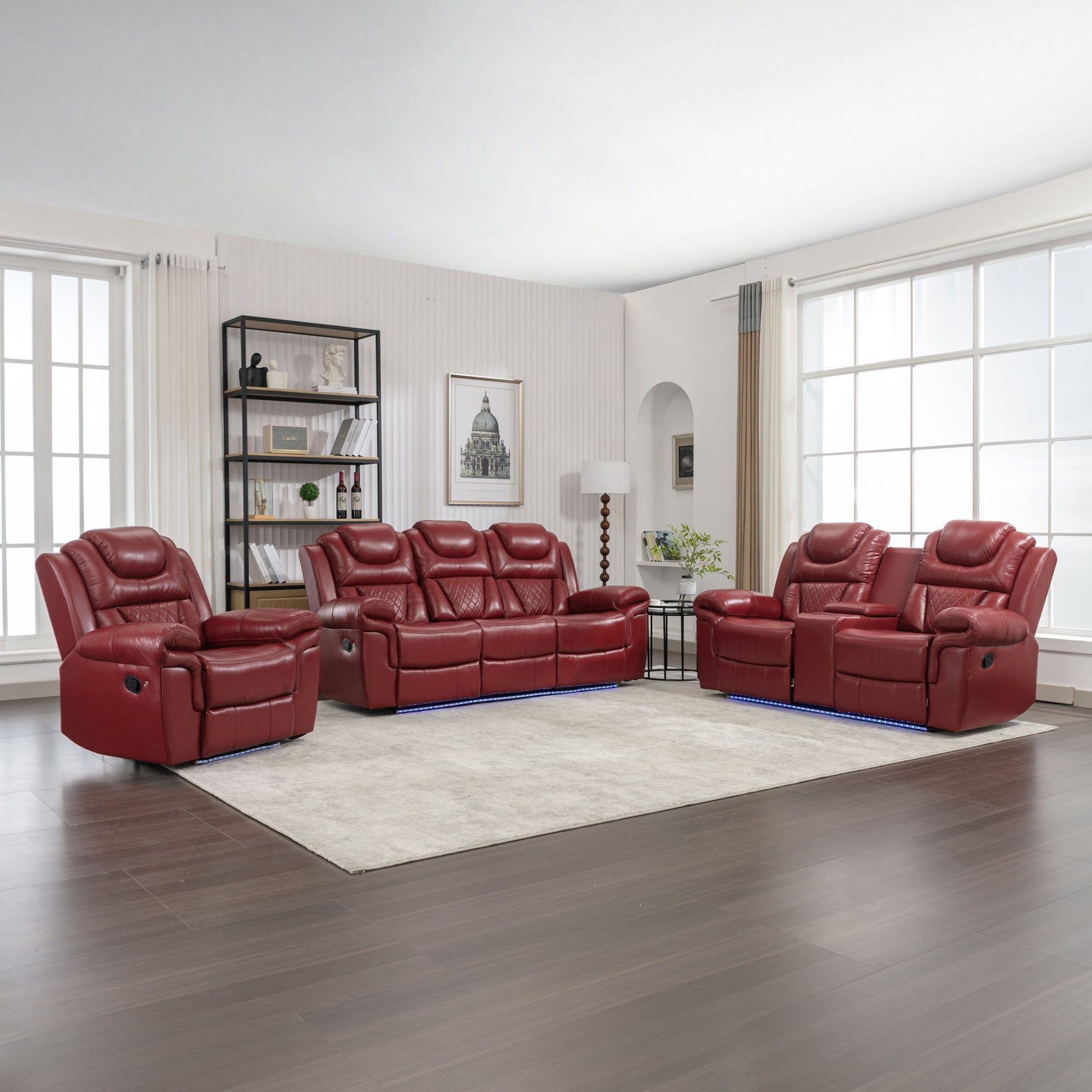 3 Pieces Recliner Sofa Sets Home Theater Seating Manual Recliner Chair With Center Console And LED Light Strip For Living Room Hearth and Haven
