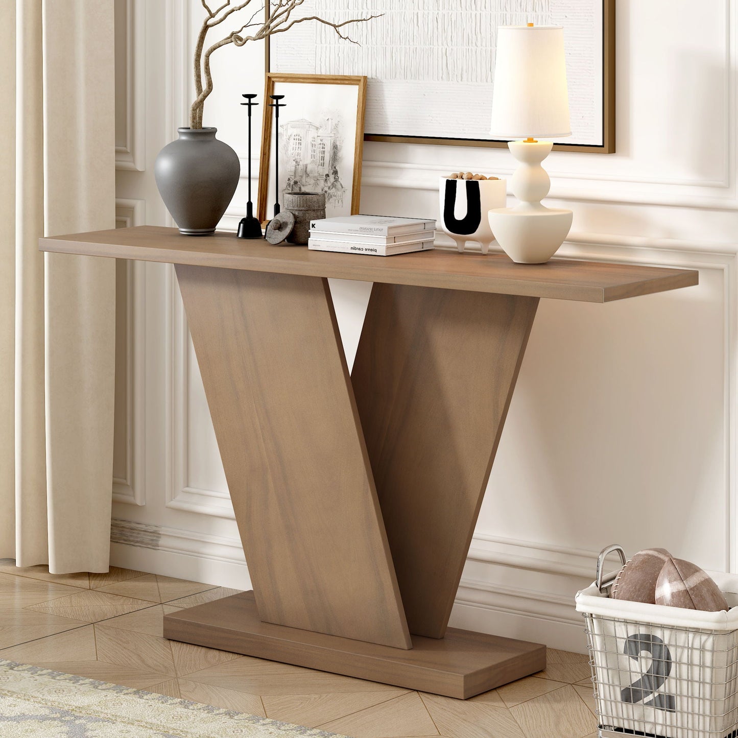 Console Table With V Shape Base, Sculptural Entryway Accent Noble House