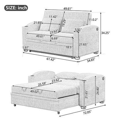 Pull Out Loveseat Sofa With Adjsutable Backrest, 2 Pillows, Cup Holders, USB Ports For Living Room Hearth and Haven