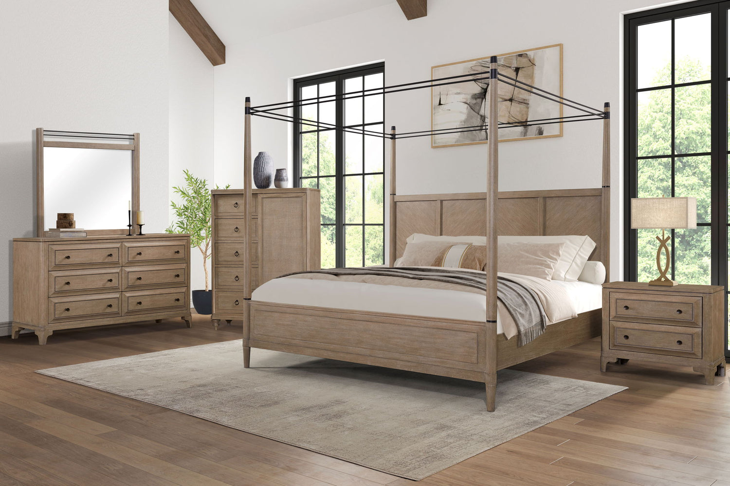 Queen Canopy Bedroom Set With A 2 Drawer Nightstand A Modern Dresser With Poster Mirror And A Door Chest - Sand Bernards Furniture