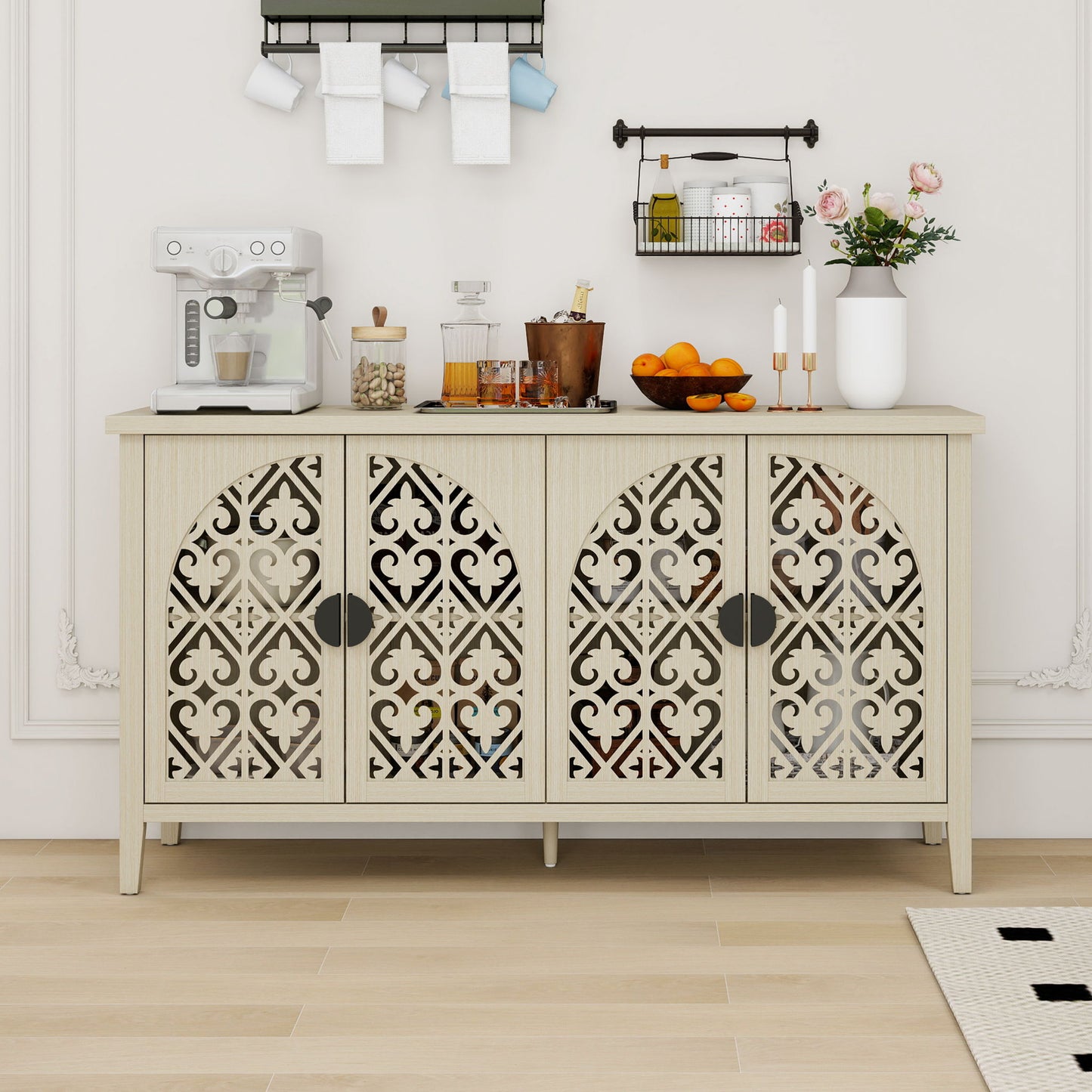 Hollowed Out Cabinet With 4 Doors, Suitable For Bedroom - Natural Home Essentials