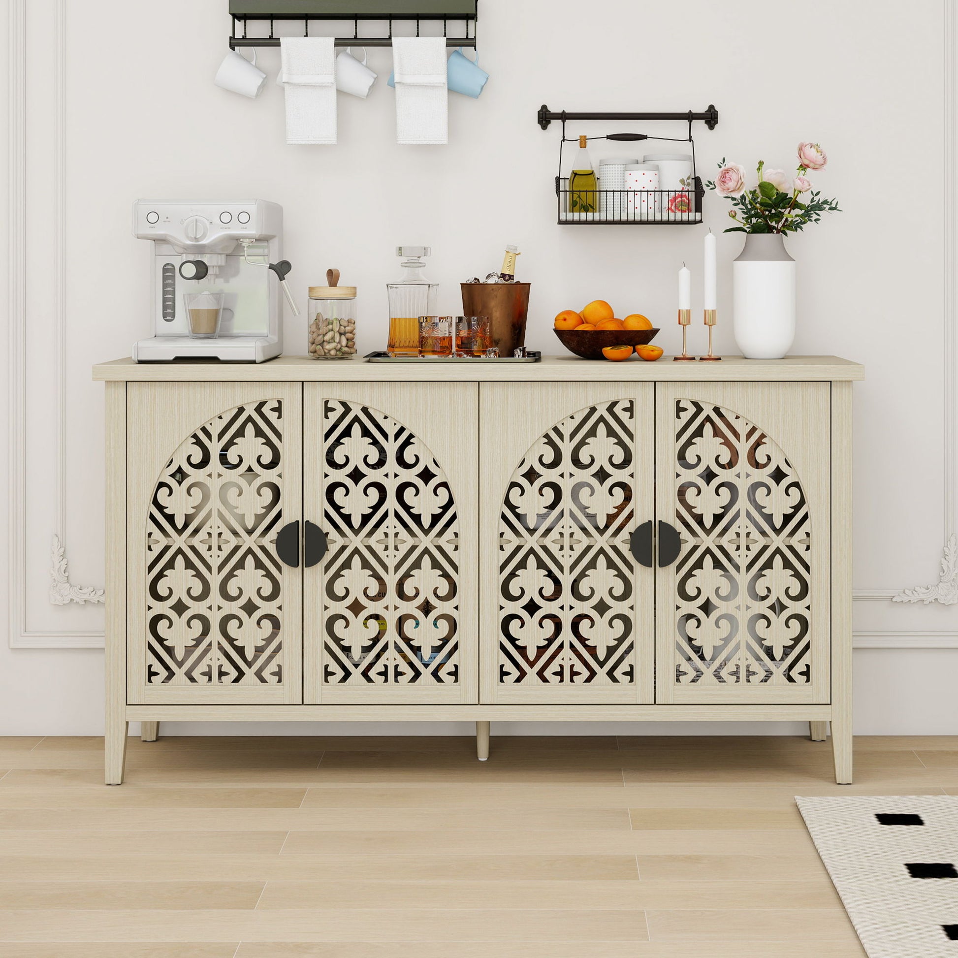 Hollowed Out Cabinet With 4 Doors, Suitable For Bedroom - Natural Home Essentials