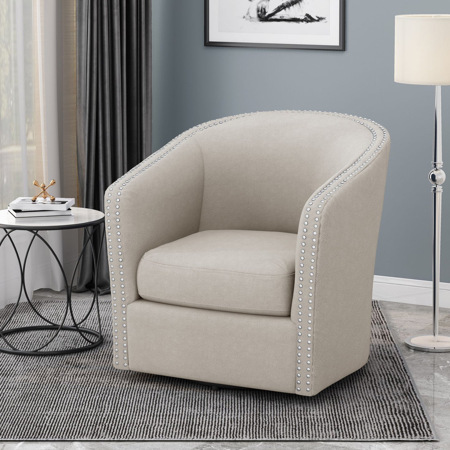 Modern Upholstered Swivel Club Chair With Nailhead Trim Noble House