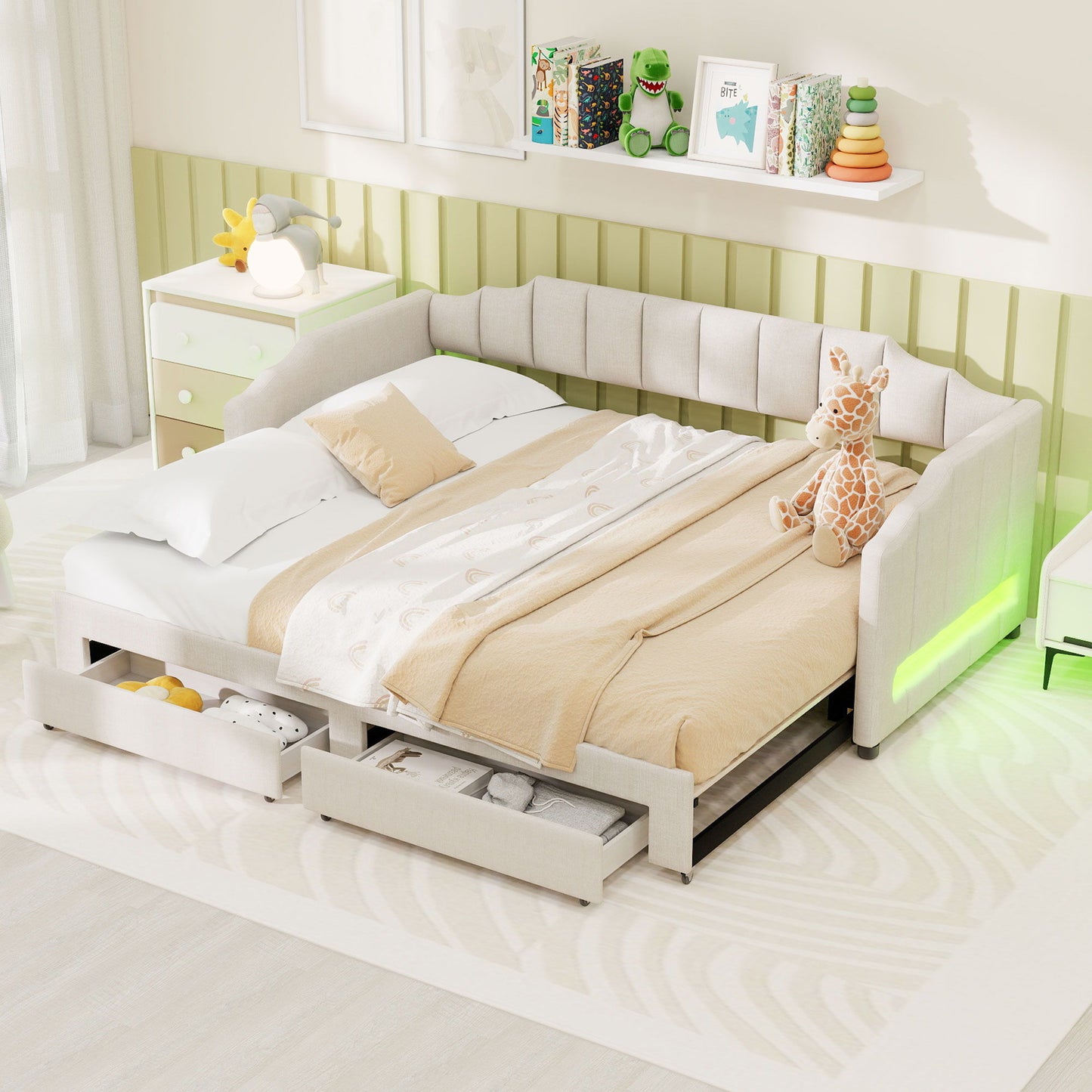 Extendable Daybed With LED Light And 2 Storage Drawers Dreamland