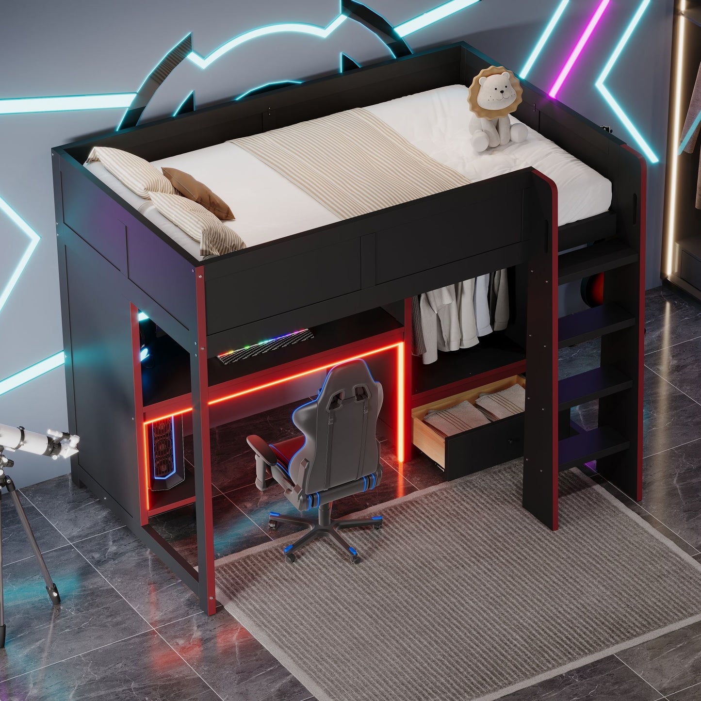 Gaming Loft Bed With Built In Desk, Wardrobe, LED Lighting And Drawer Hearth and Haven