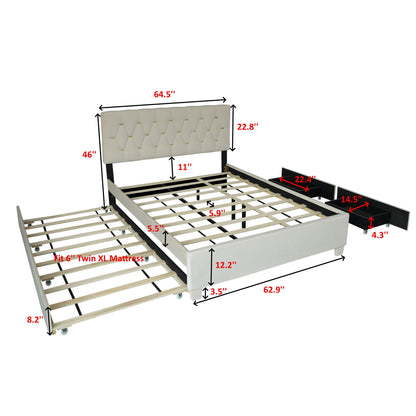 Queen Bed With Pull Out Trundle & Storage Drawers, No Box Spring Required, Space Saving Design - Beige Home Essentials