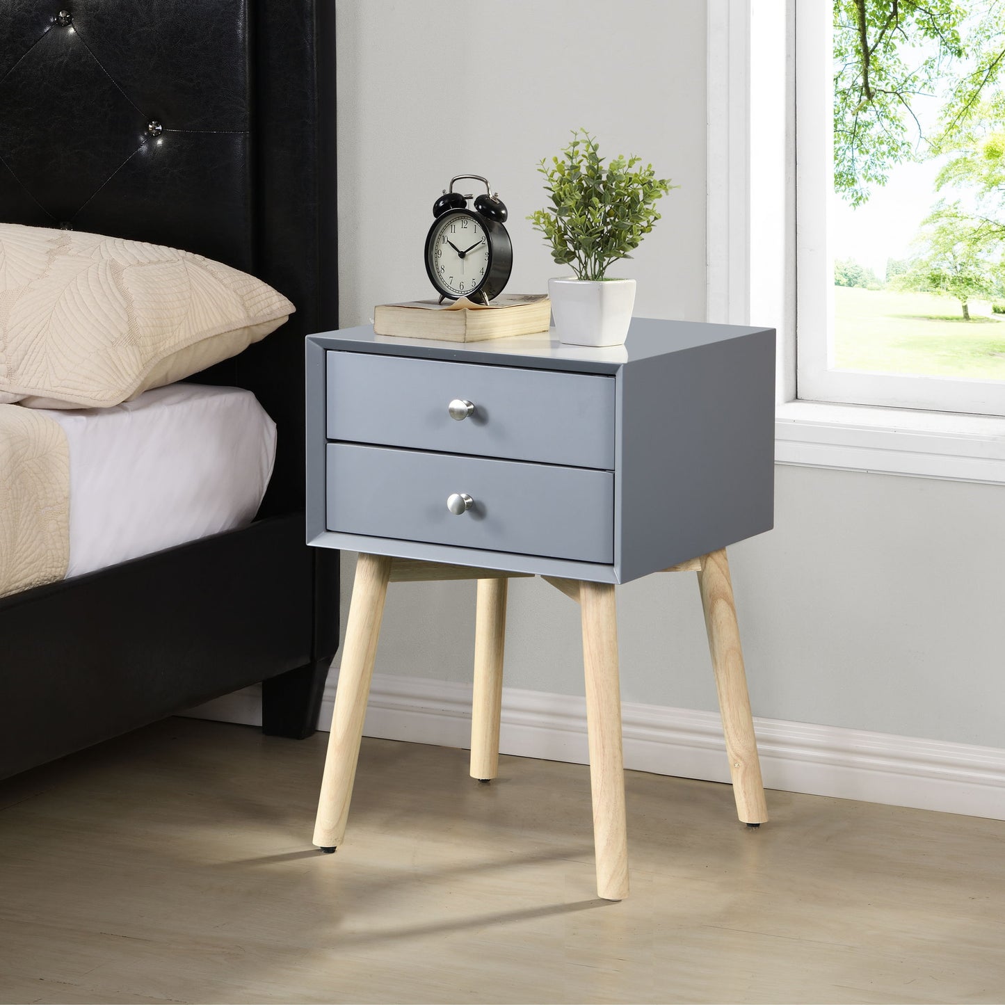 Side Table With 2 Drawer, Mid-Century Modern Storage Cabinet For Bedroom Home Essentials