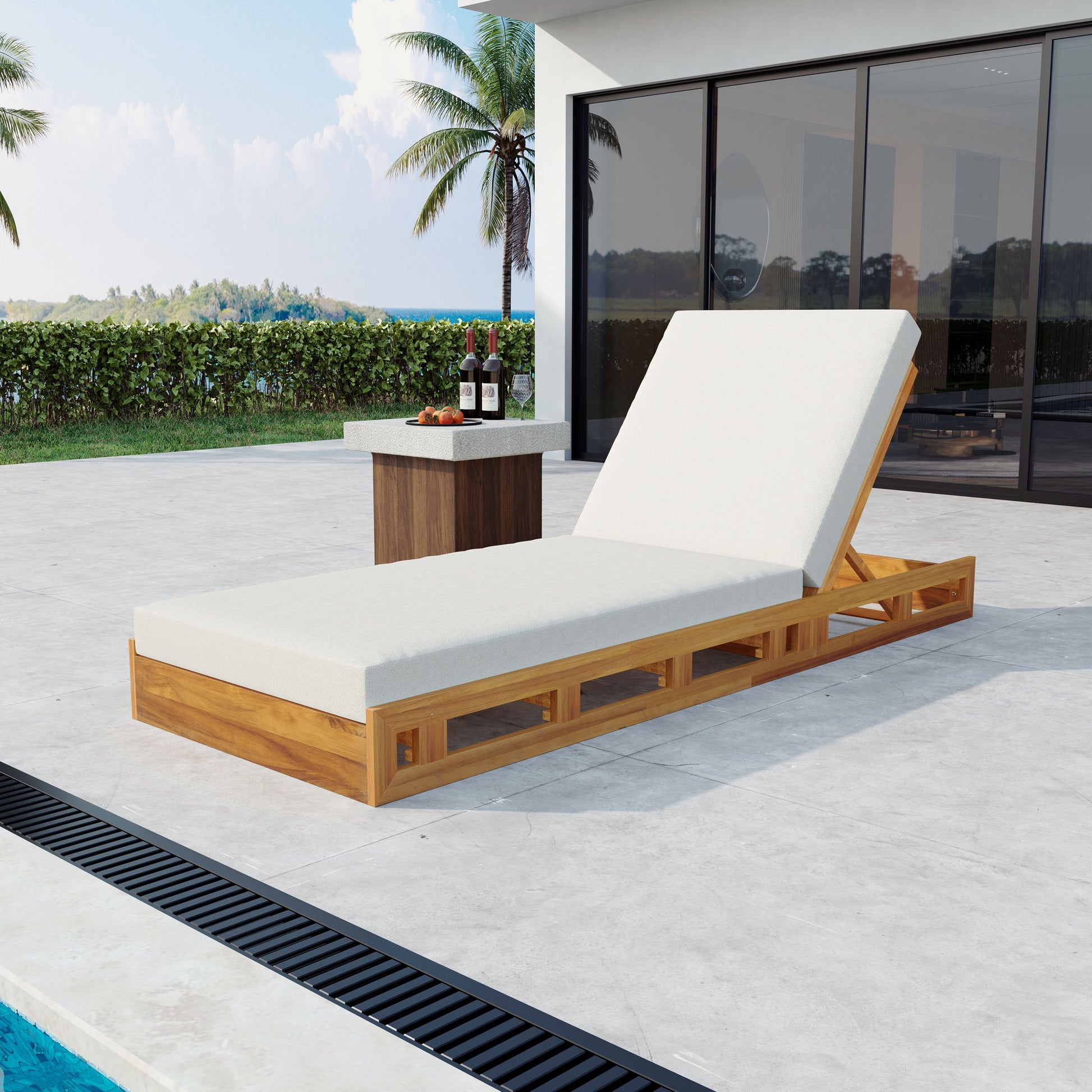 Premium Acacia Wood Lounge Chaise Set With Water Resistant Cushions, Adjustable Recline - Cream / Teak Noble House