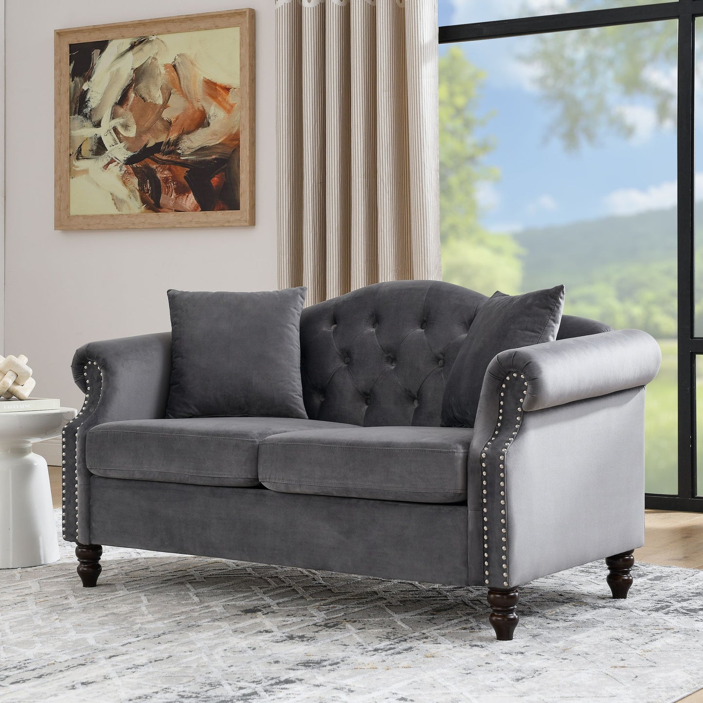 2 Seater Chesterfield Sofa With Rolled Arms And Nailhead Trim For Living Room Home Essentials