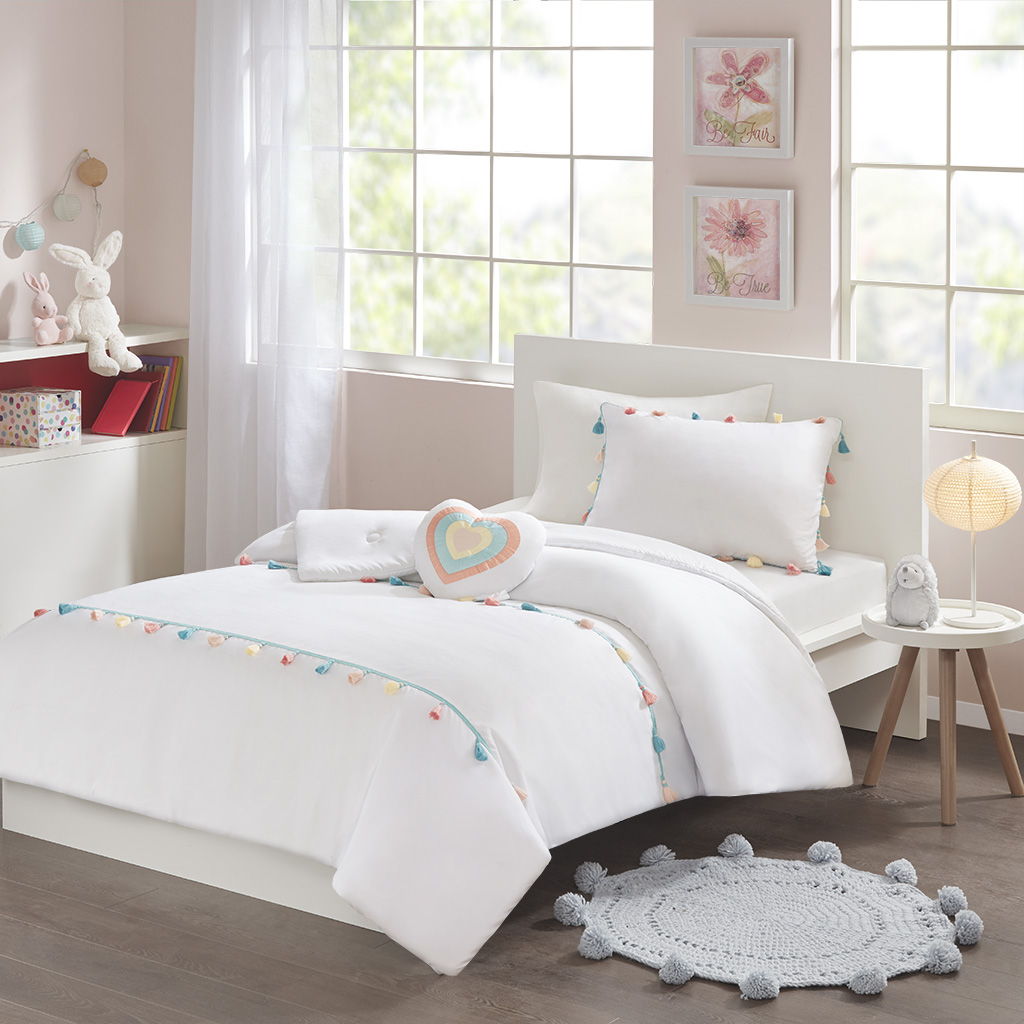 Tessa - Twin Tassel Comforter Set - White