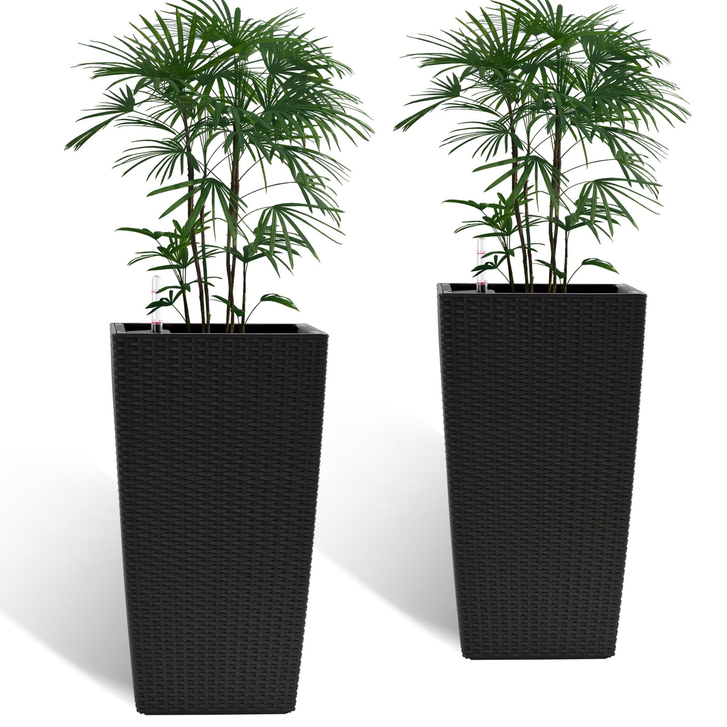 Elegant Square Planter With Automatic Watering System, Faux Rattan Design, Polypropylene (Set of 2) - Black Daily Nest