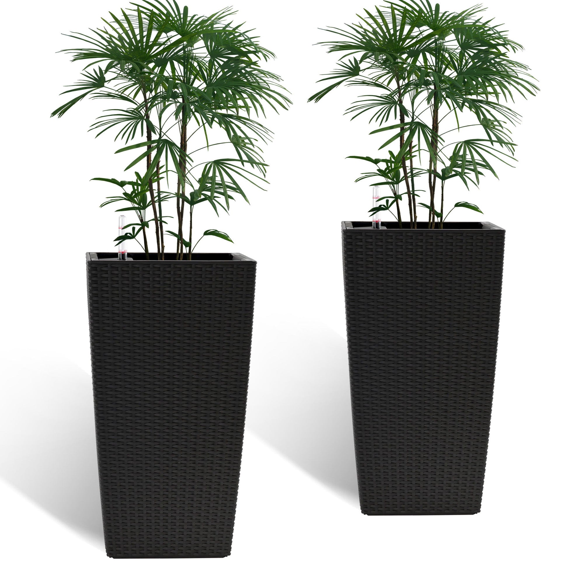 Elegant Square Planter With Automatic Watering System, Faux Rattan Design, Polypropylene (Set of 2) - Black Daily Nest