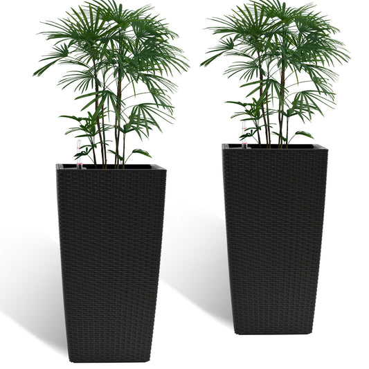 Elegant Square Planter With Automatic Watering System, Faux Rattan Design, Polypropylene (Set of 2) - Black Daily Nest