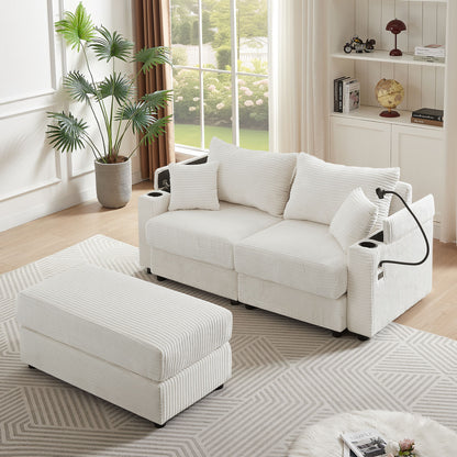 Modern Style Loveseat Sofa Sectional Sofa Couch With Storage Space, A Movable Ottoman, Two USB Ports, Two Cup Holders, A Phone Holder For Living Room