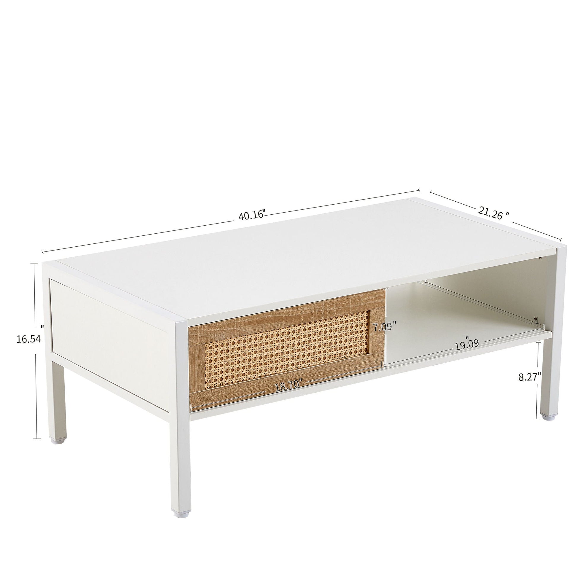 40.16" Rattan Coffee Table, Sliding Door For Storage, Metal Legs, Modern Table For Living Room Home Essentials
