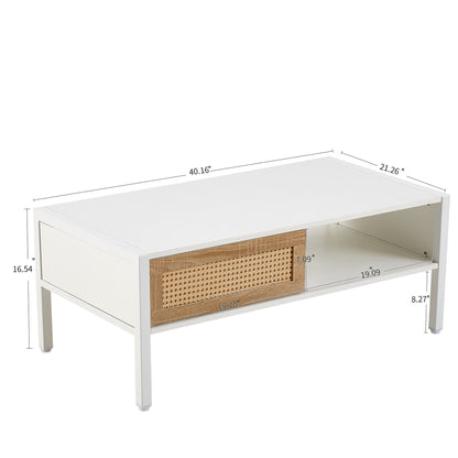 40.16" Rattan Coffee Table, Sliding Door For Storage, Metal Legs, Modern Table For Living Room Home Essentials
