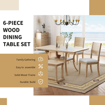 Topmax - 6 Piece Wood Dining Table Set With Storage Shelf And Curved Legs, Kitchen Table Set With Bench And 4 Removable Cushions Dining Chairs, Modern Style