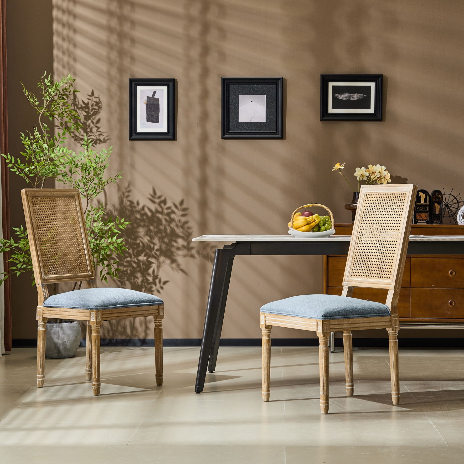 French Country Dining Chair With Rectangular Cane Backrest And Smooth Upholstered Seating Noble House