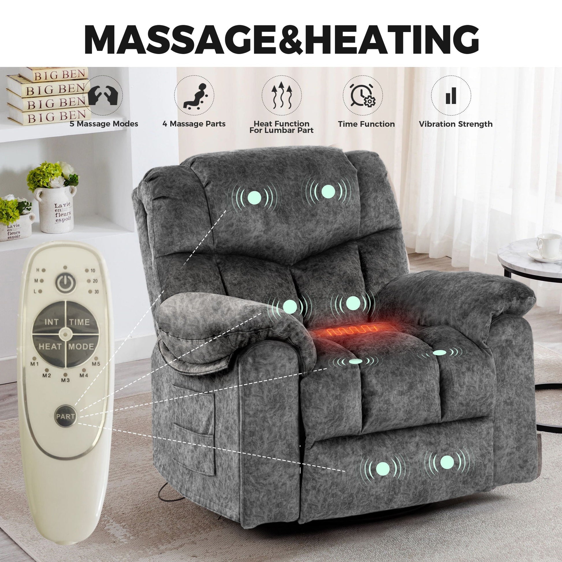 Swivel And Rocking Recliner Chair With Massage And Heating Home Essentials