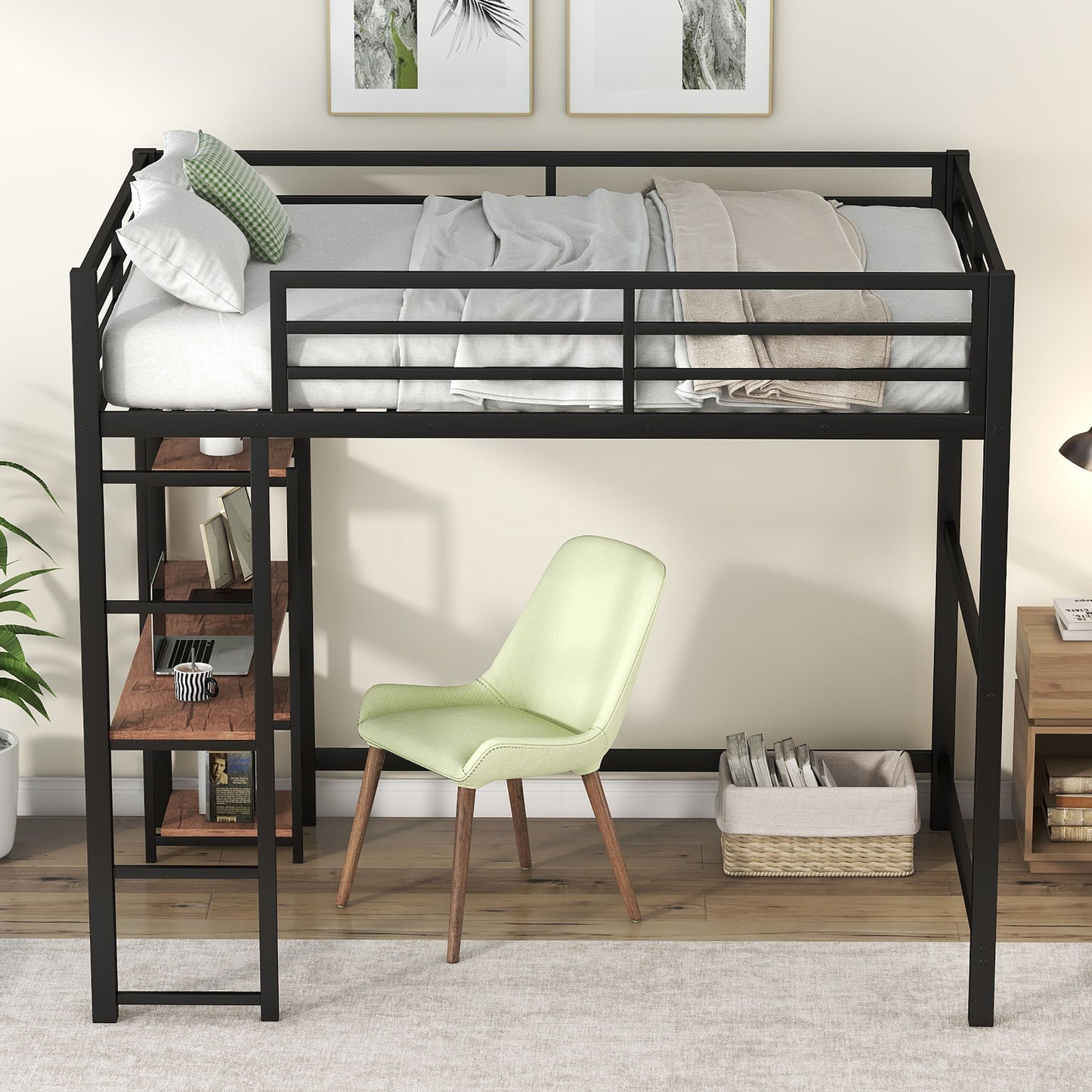 Loft Bed With Built In Desk And Storage Shelves, Full Size - Black Hearth and Haven