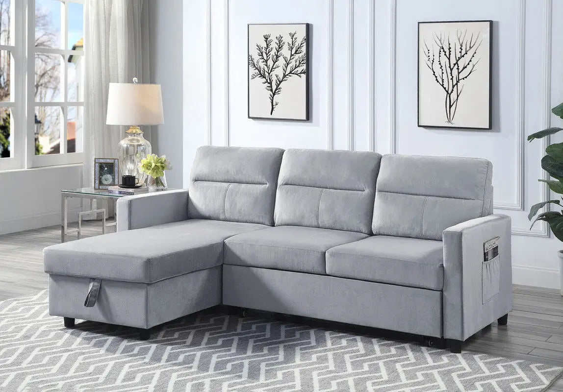 Ivy - Velvet Reversible Sleeper Sectional Sofa With Storage Chaise And Side Pocket Lilola Home