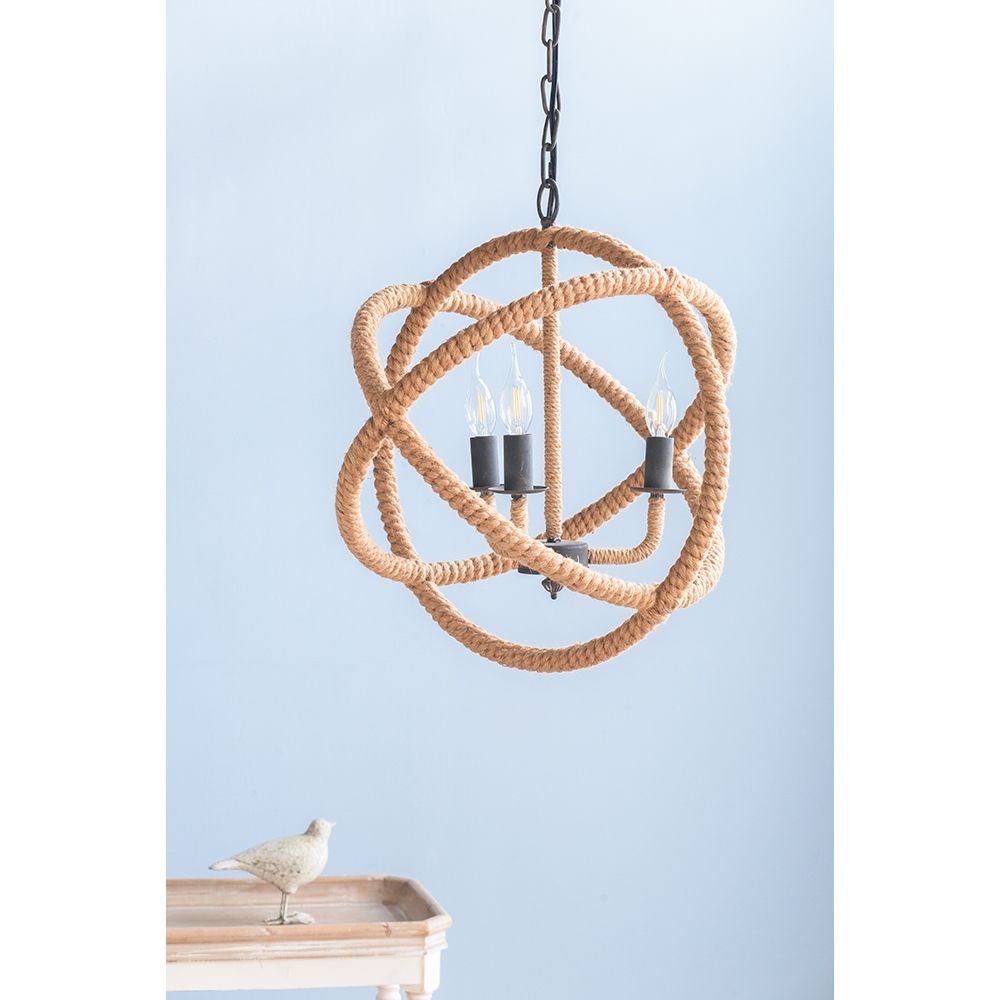 3 Light Farmhouse Chandelier, Rope Chandelier Globe Hanging Light Fixture With With Adjustable Chain For Kitchen Dining Room Foyer Entryway, Bulb Not Included - Beige Brown